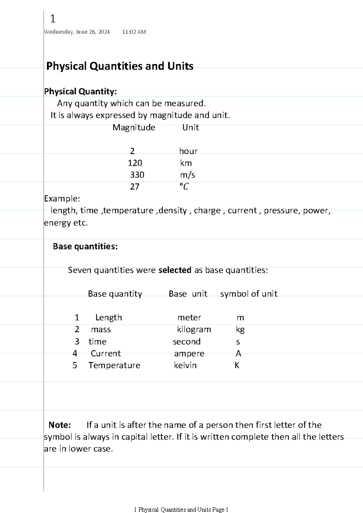 Physical Quantities and Units Overview - Course Code 1 - Studocu