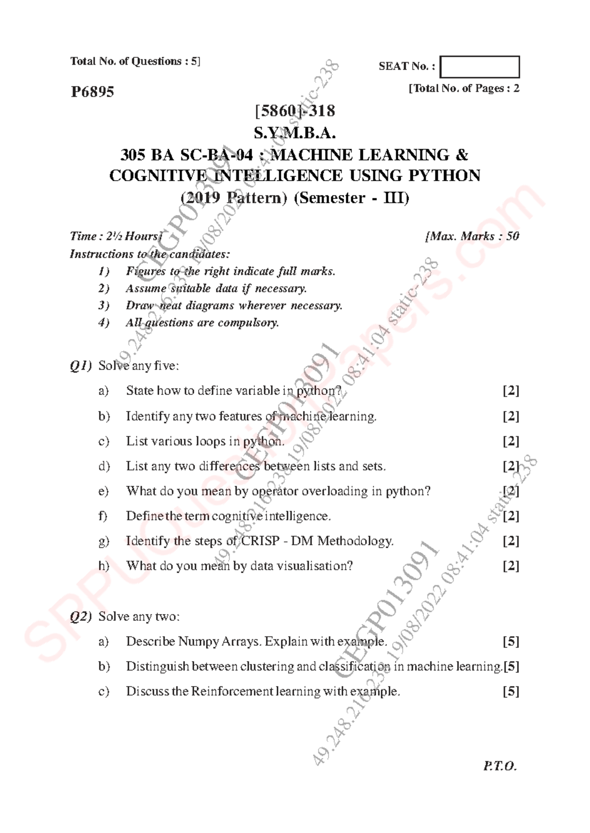 MBA 305: Machine Learning & Cognitive Intelligence Exam (May 2022 ...
