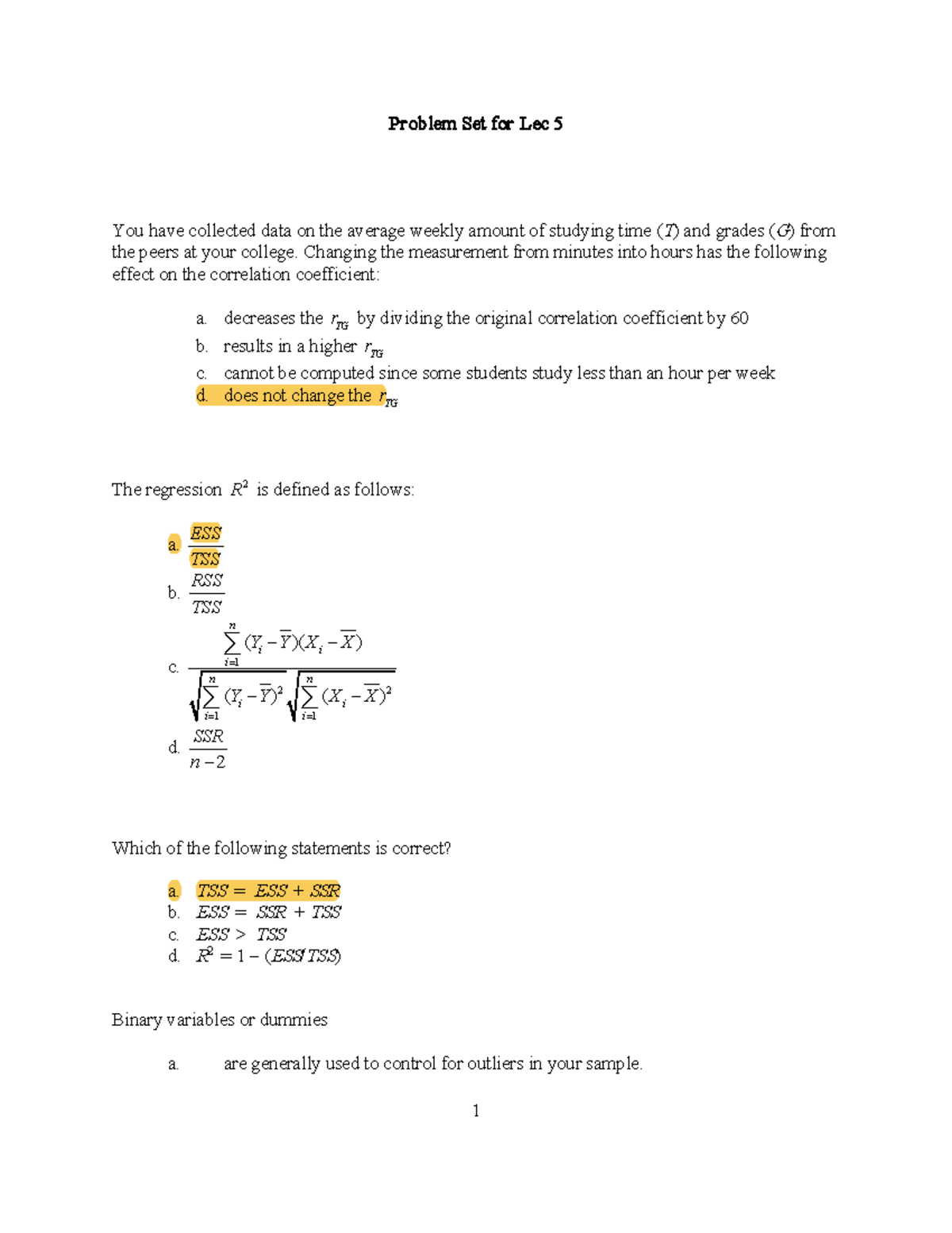 Problem Set for Lec 5 - Correlation and Regression Analysis - Studocu