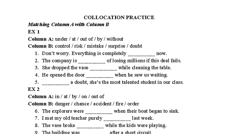 COLLOCATION PRACTICE - Matching Exercise 2 - Studocu