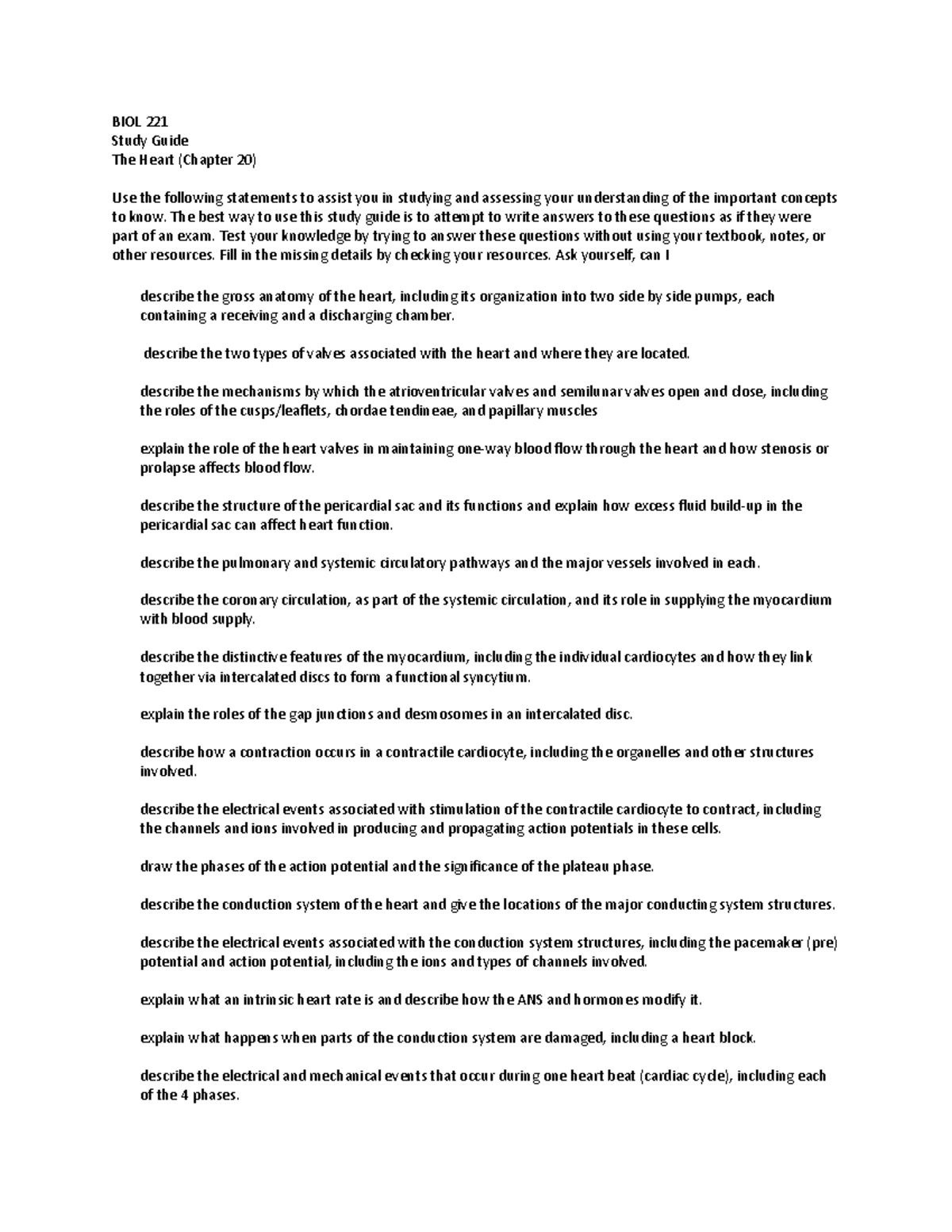 BIOL 221 Final Exam Study Guide: The Heart Anatomy & Function - Studocu