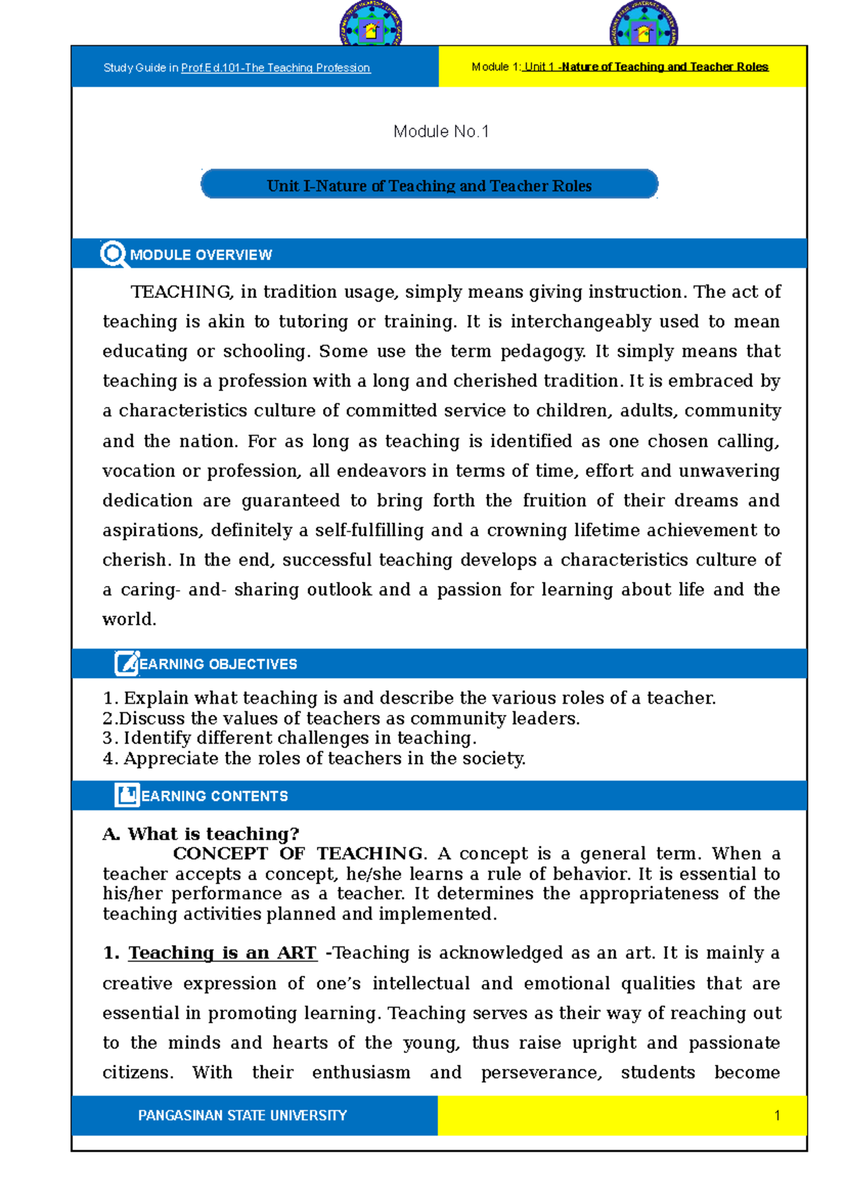 Prof - This is a module 1 for the teaching profession - Module No ...