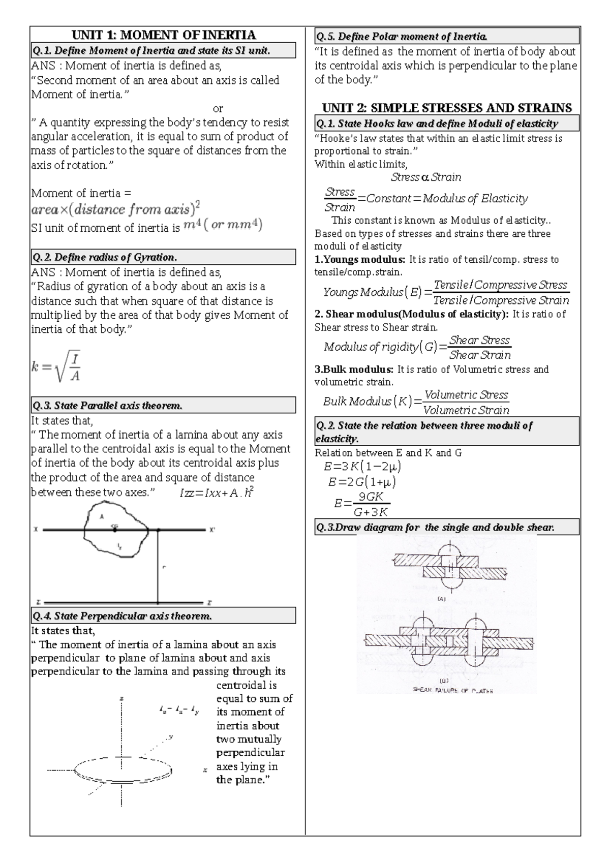 306 Som All Theory Q&A Notes on Moment of Inertia & Stresses - Studocu