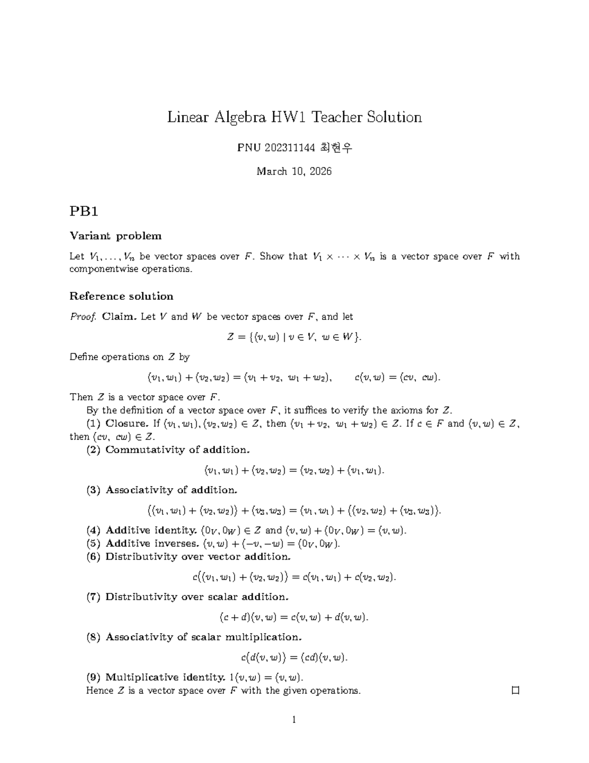 Linear Algebra HW1 Teacher Solutions PNU 최현우 - Studocu