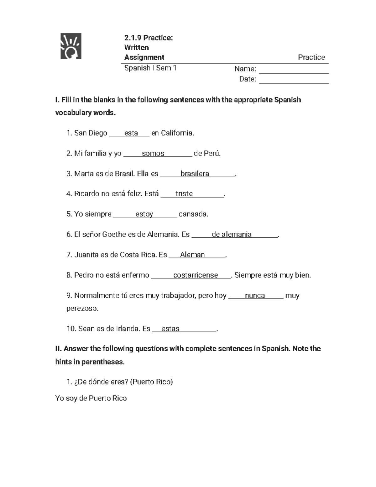 2.1.9 Practice - Spanish I Written Assignment Sem 1 - Studocu
