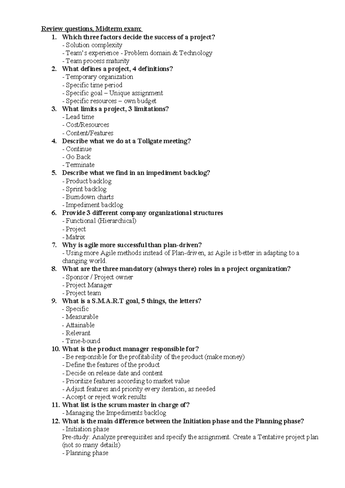 Midterm Exam Review Questions for Project Management (PM 101) - Studocu