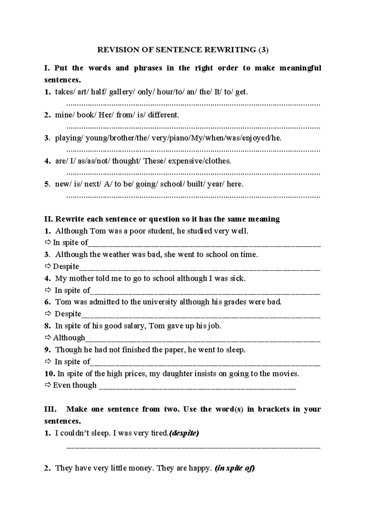 Revision of Sentence Rewriting (3) - Practice Exercises and Answers ...