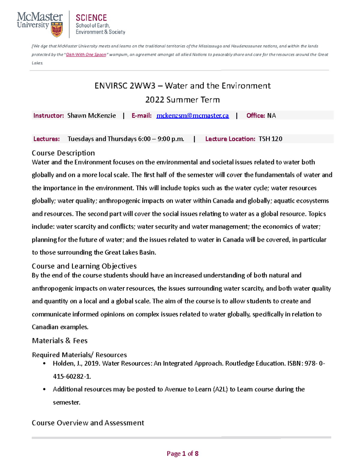 ENVIRSC 2WW3 - Summer 2022 Course Outline on Water & Environment - Studocu