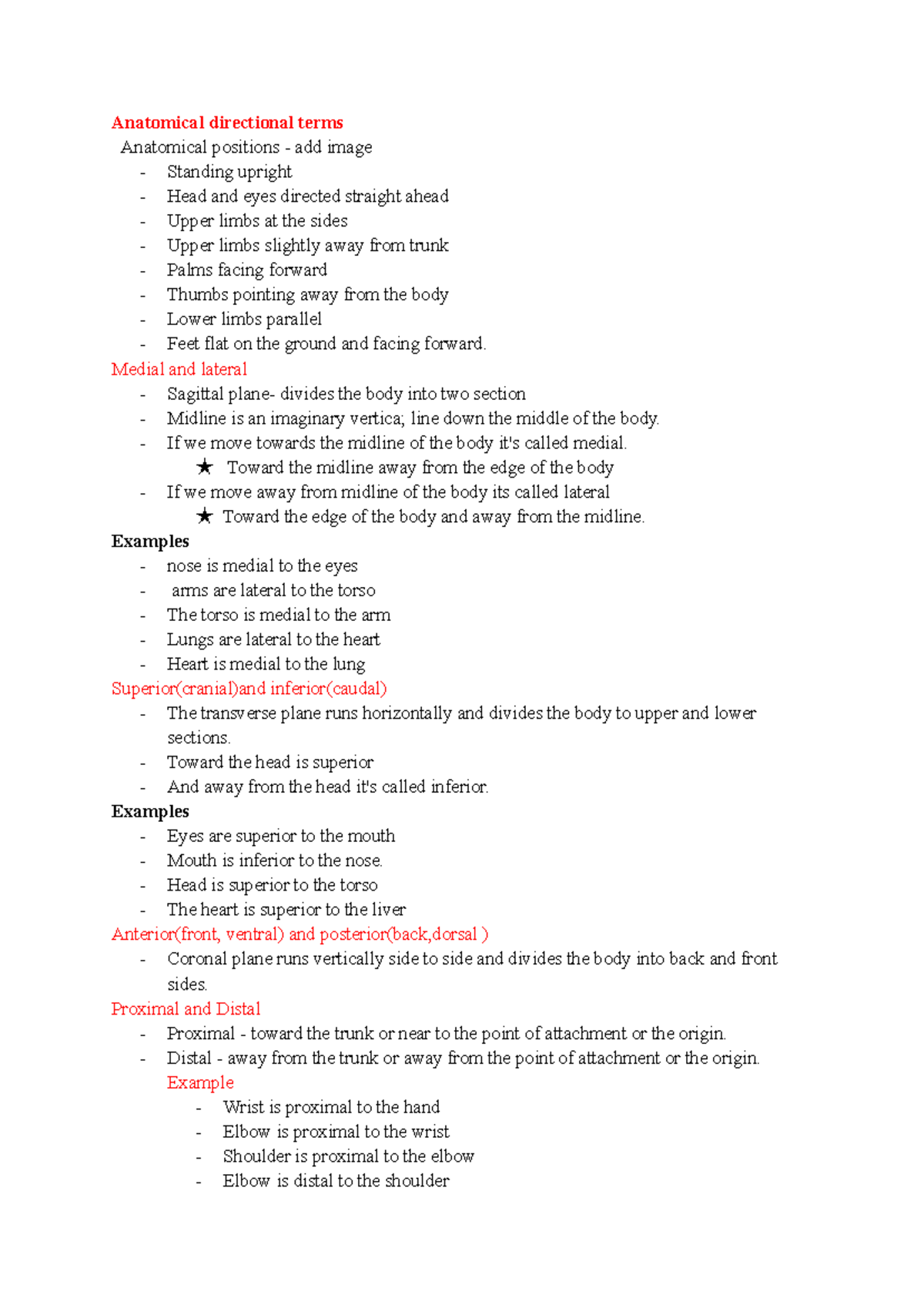 Anatomical Terms and Body Cavities Study Notes for BIO101 - Studocu
