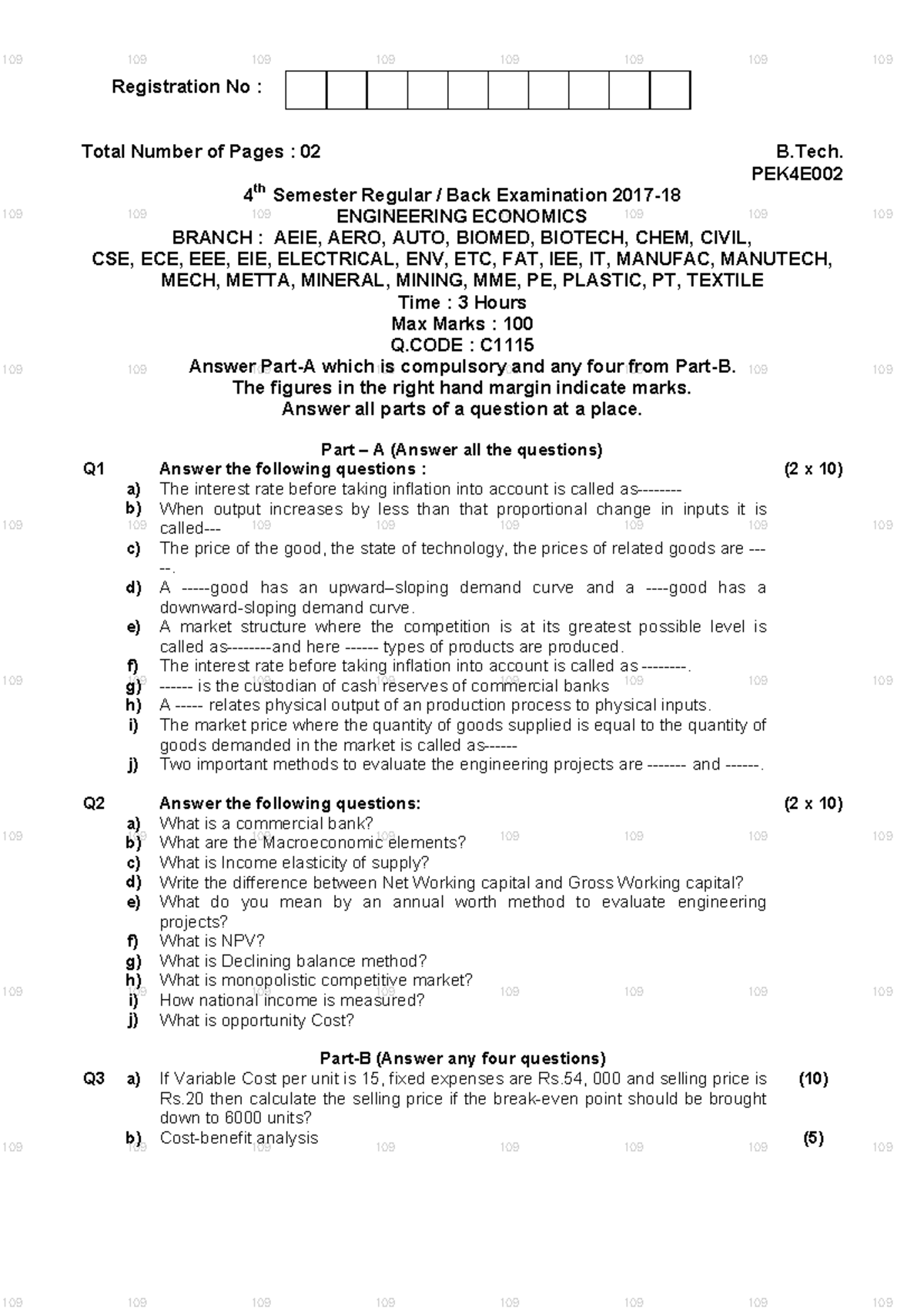 Engineering Economics Qs Paper - B.Tech. PEK 4 E00 2 - 4th Sem - Studocu