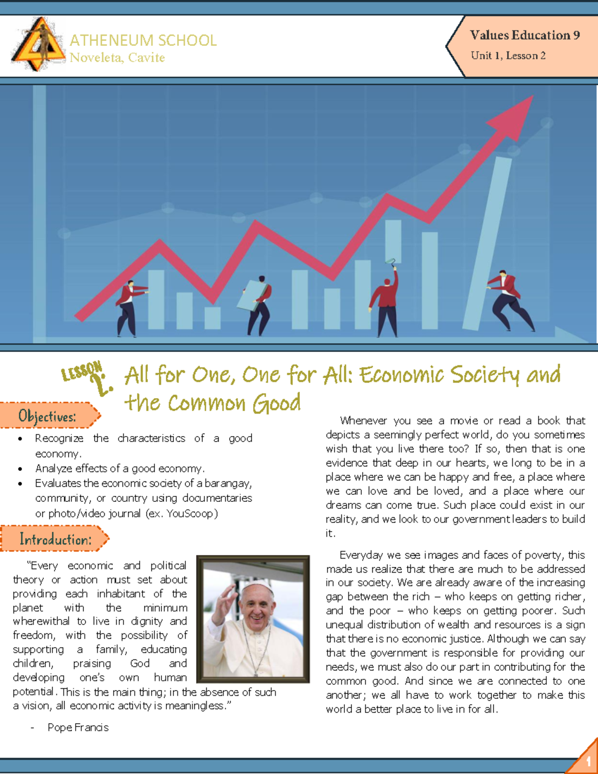 Values 9 Unit 1 Lesson 2: Economic Society and the Common Good - Studocu
