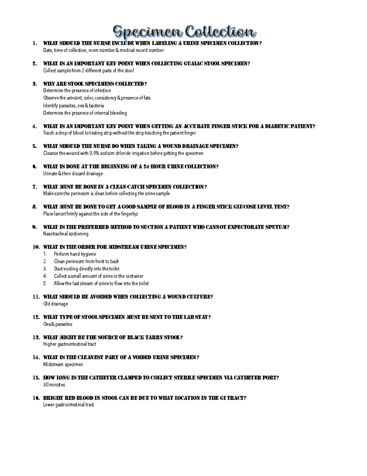 Quiz 16 Review - Nursing Specimen Collection Guidelines - Studocu