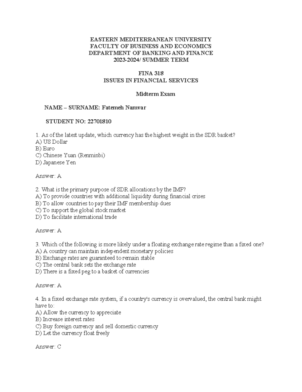 FINA 318 Midterm Exam Study Guide - Issues in Financial Services - Studocu