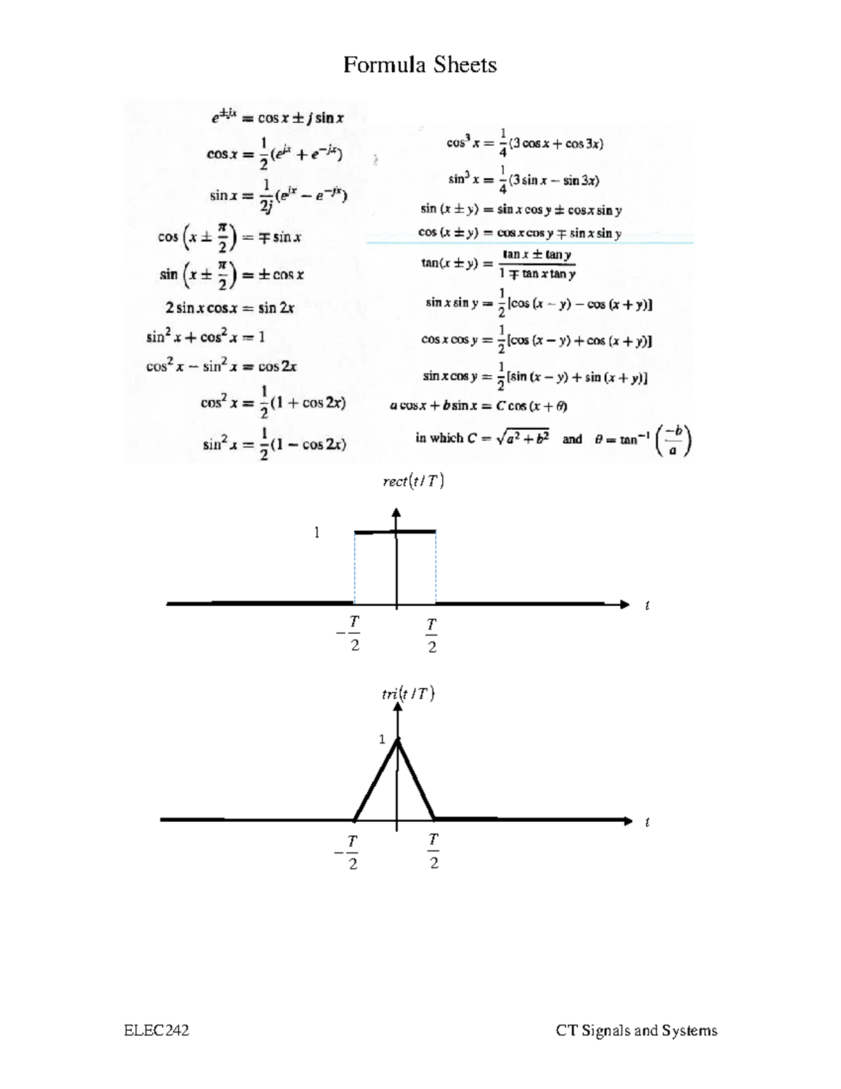 ELEC242 Final Exam Formula Sheet for CT Signals and Systems - Studocu