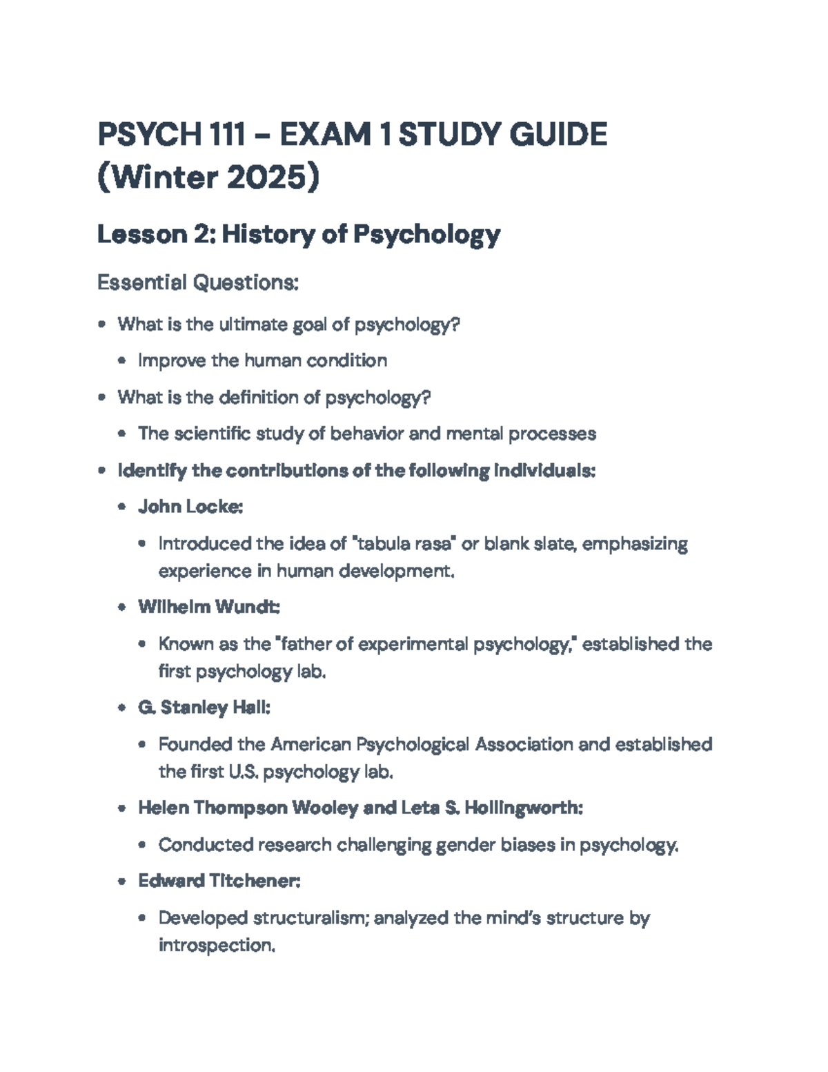 PSYCH 111 - EXAM 1 STUDY GUIDE (Winter 2025) - Key Concepts in ...
