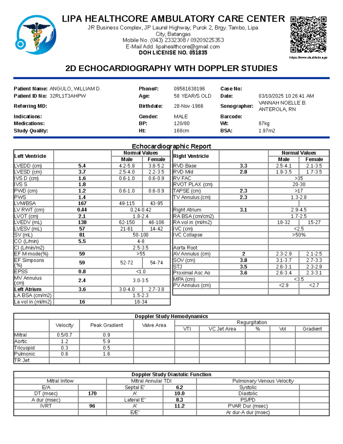 2D echocardiography report for William Angulo - case no. 32RL1T3AHPW ...