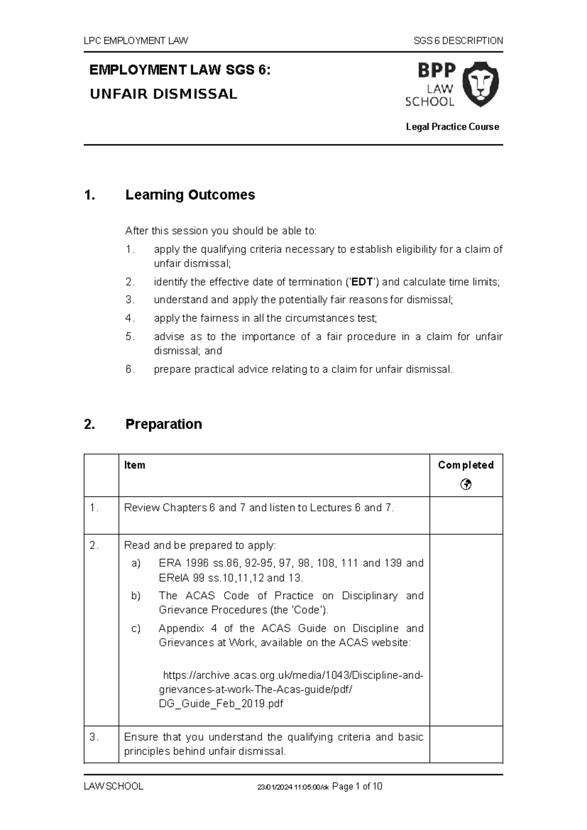 LPC EMPLOYMENT LAW SGS 6: Unfair Dismissal Case Study Analysis - Studocu