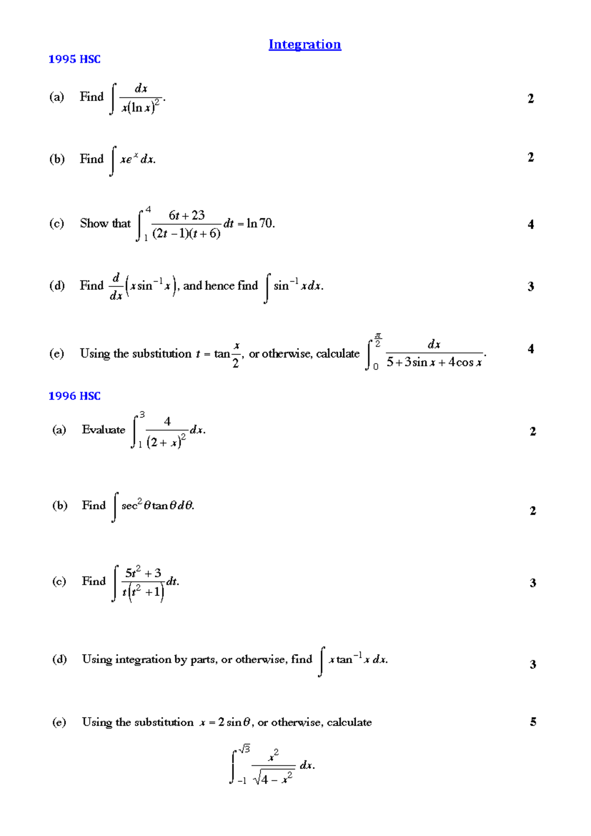 HSC Integration Questions: Comprehensive Practice from 1995 to 2015 ...