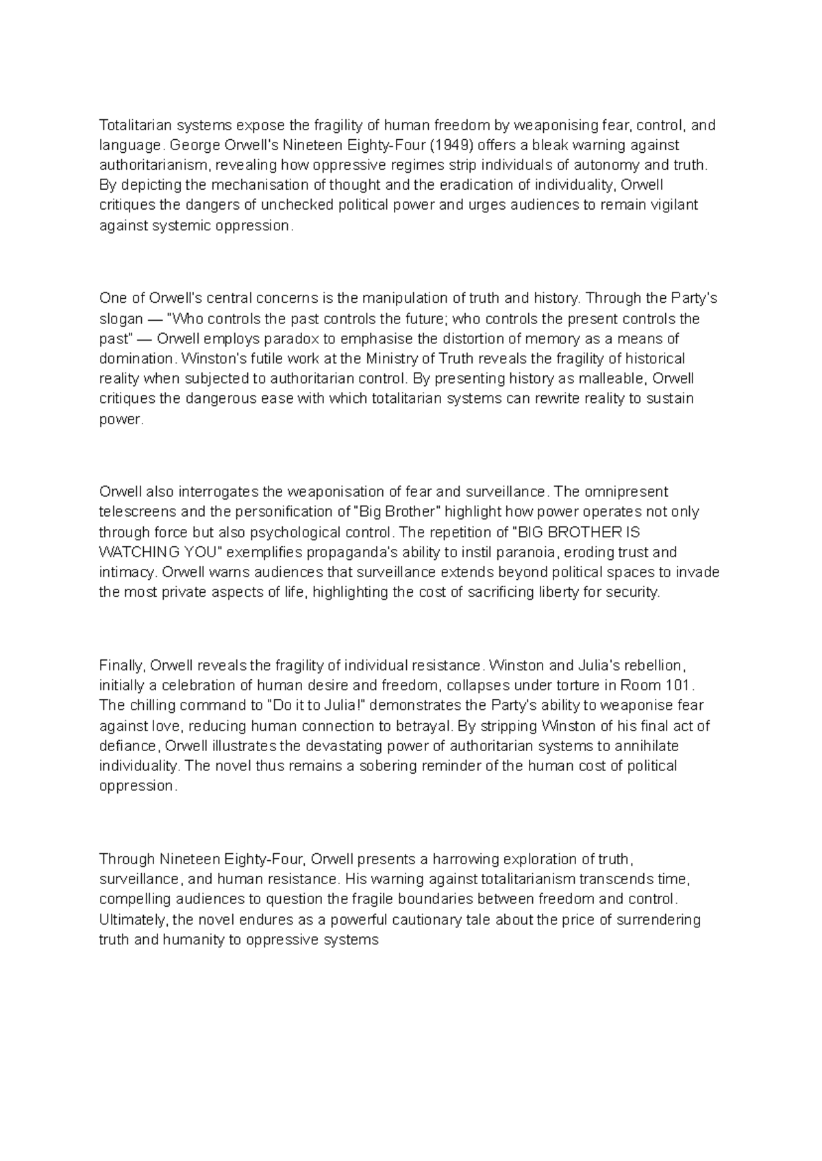 ENG 101: Essay on Totalitarianism and Human Freedom in Orwell's 1984 ...