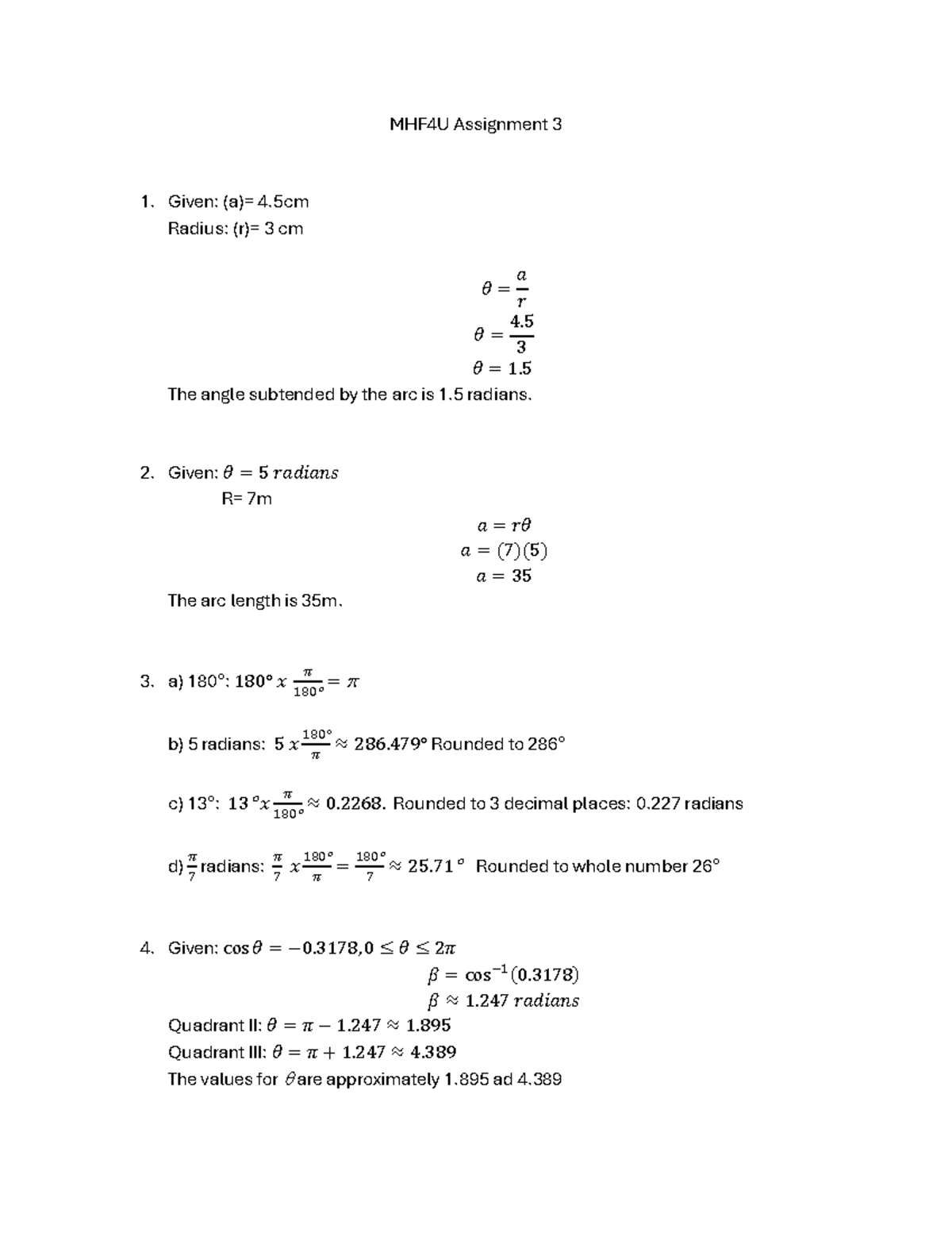 MHF4U Assignment 3: Radians, Arc Lengths, and Sinusoidal Functions ...
