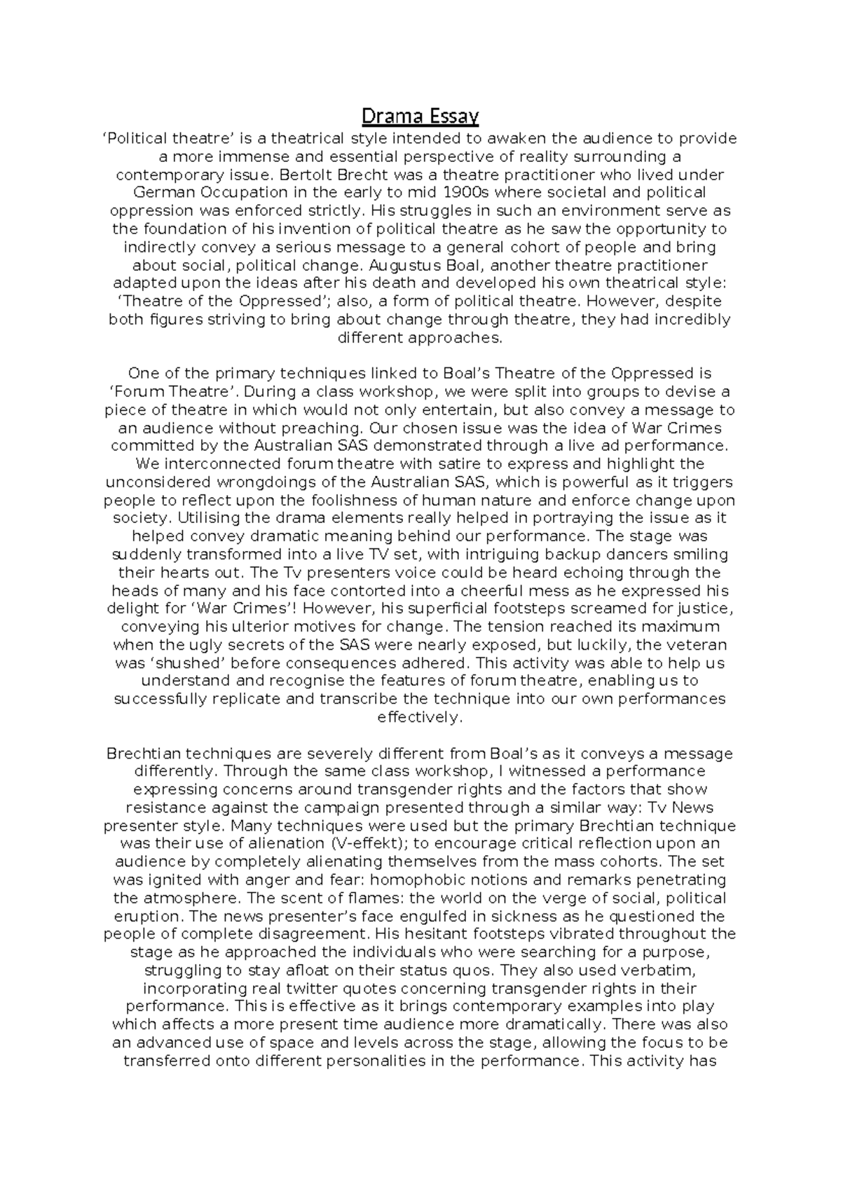 ENG101 Drama Essay: Exploring Political Theatre Techniques - Studocu