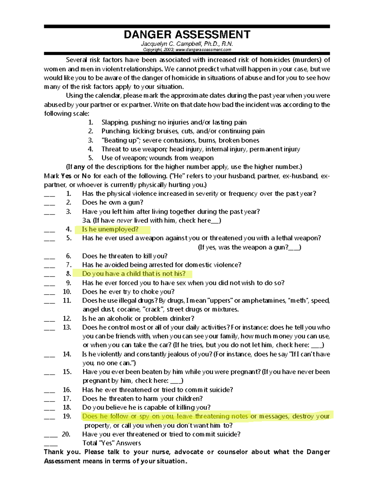 DANGER ASSESSMENT: Risk Evaluation for Women in Violent Relationships ...