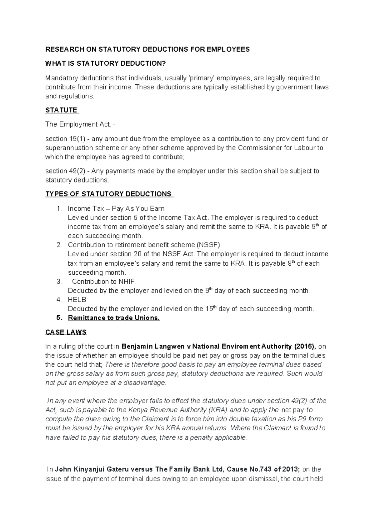 Statutory Deductions for Employees: A Comprehensive Study - Studocu