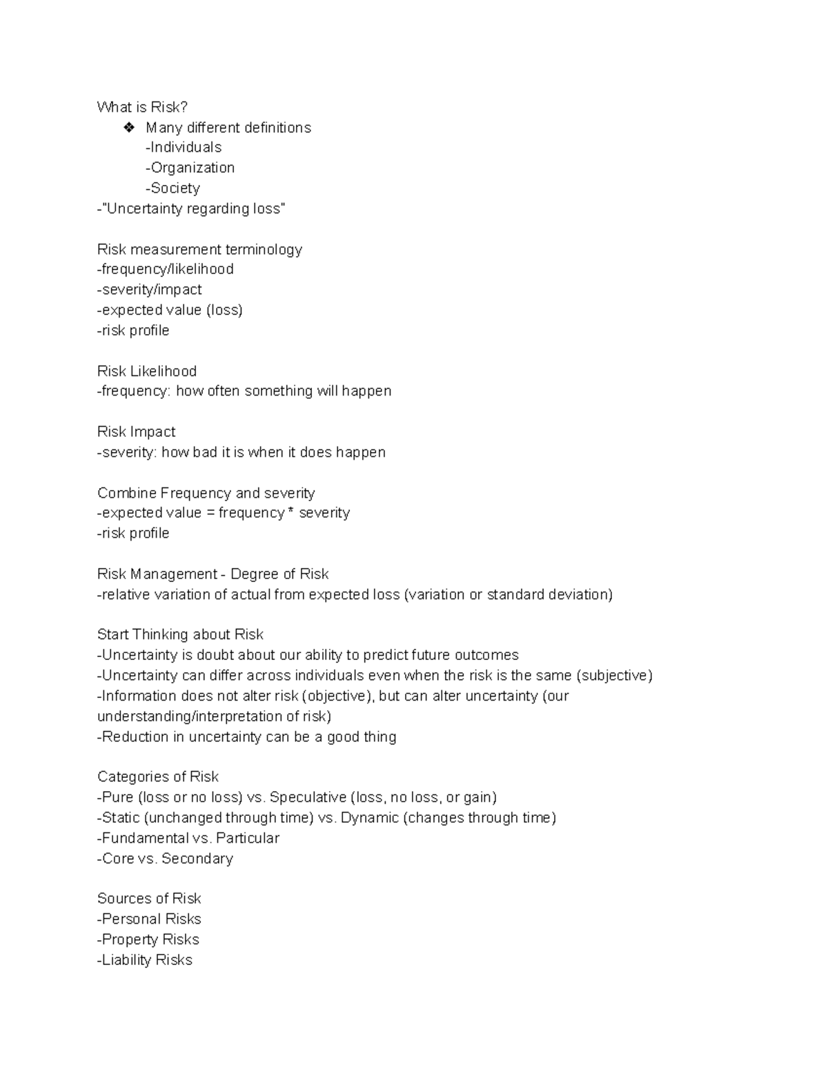 RMI Module 1 In-Class Notes - What is Risk? Many different definitions ...
