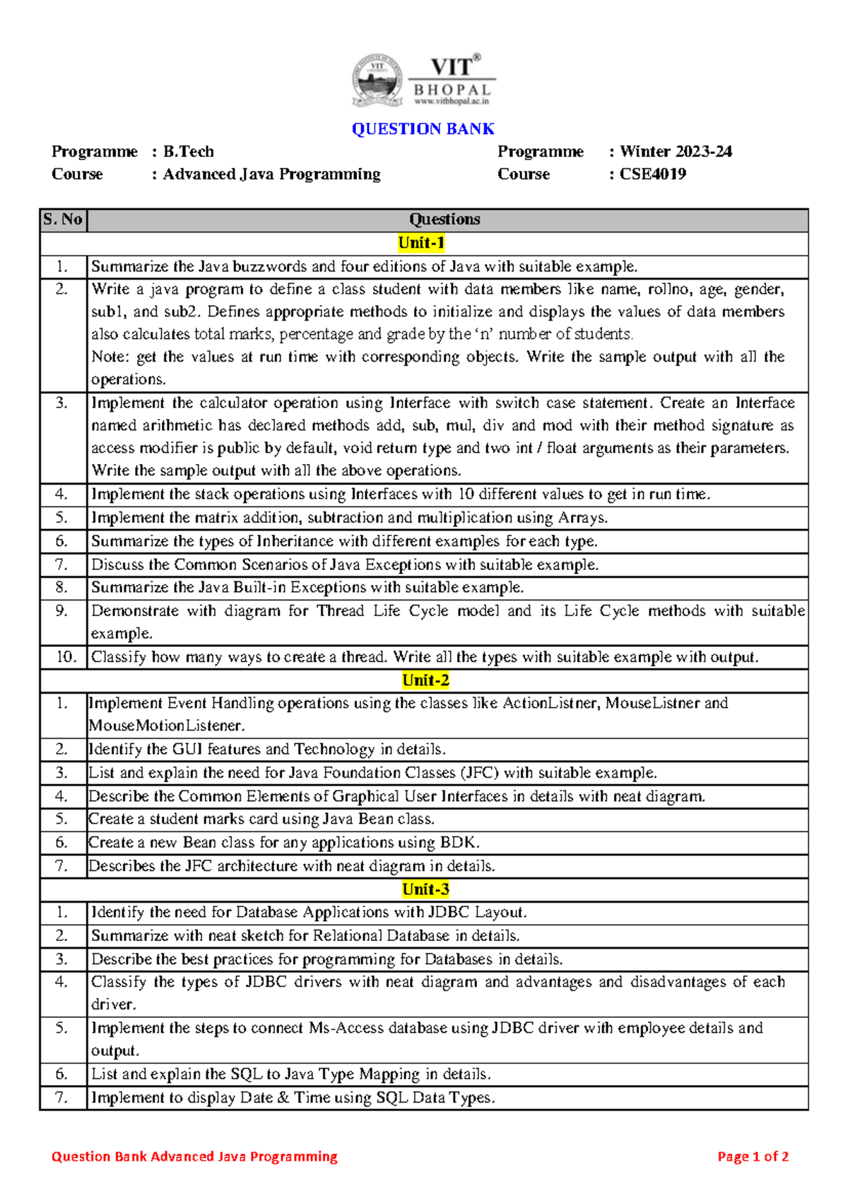 CSE 4019 - Advanced Java Programming Question Bank Units 1-3 - Studocu