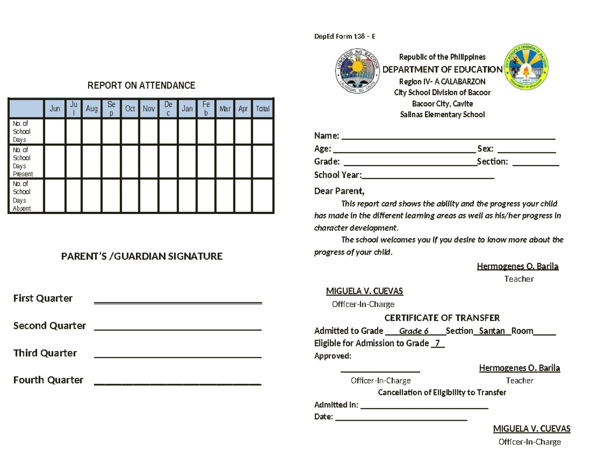 SF9 (Learners Progress Report Card) Template for ES - REPORT ON ...