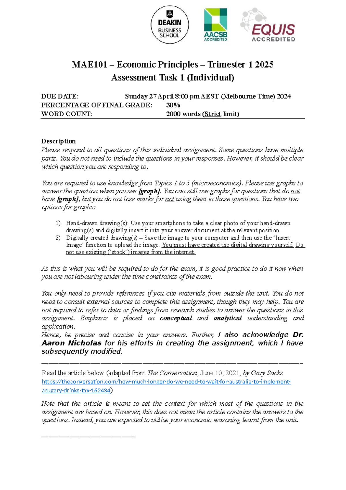 MAE101 Economic Principles T1 2025 Individual Assignment Guide - Studocu