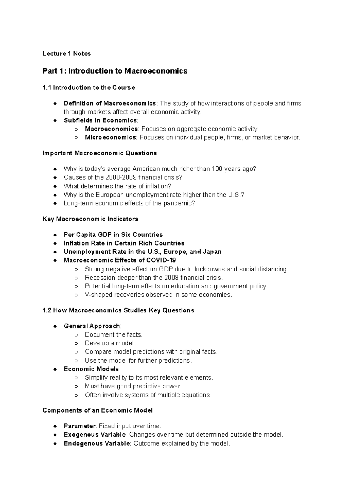 Lecture 1 Notes: Introduction to Macroeconomics (ECO 101) Part 1 & 2 ...