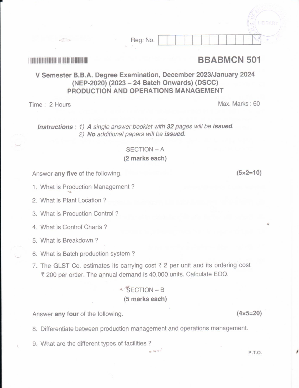 BBA V Sem Production & Operations Management Exam Guide Jan 2024 - Studocu
