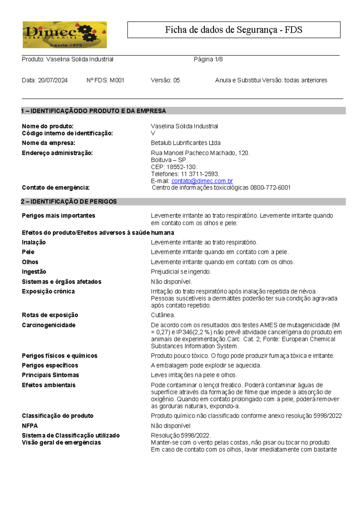 Ficha de Dados de Segurança (FDS) - Vaselina Sólida Industrial M001 ...