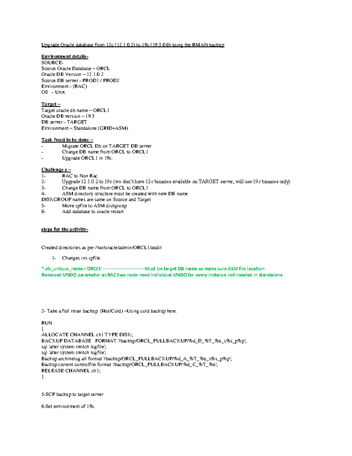Upgrade Oracle DB from 12c to 19c: RMAN Backup & Migration Steps - Studocu