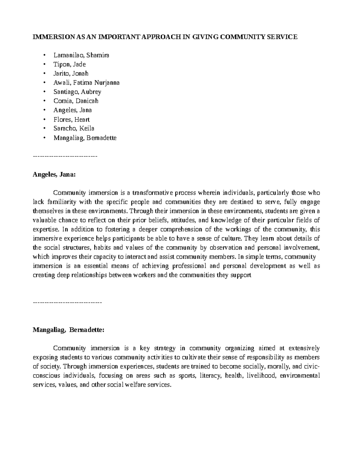 Community Immersion as a Key Approach in Community Service (CWTS 1 ...