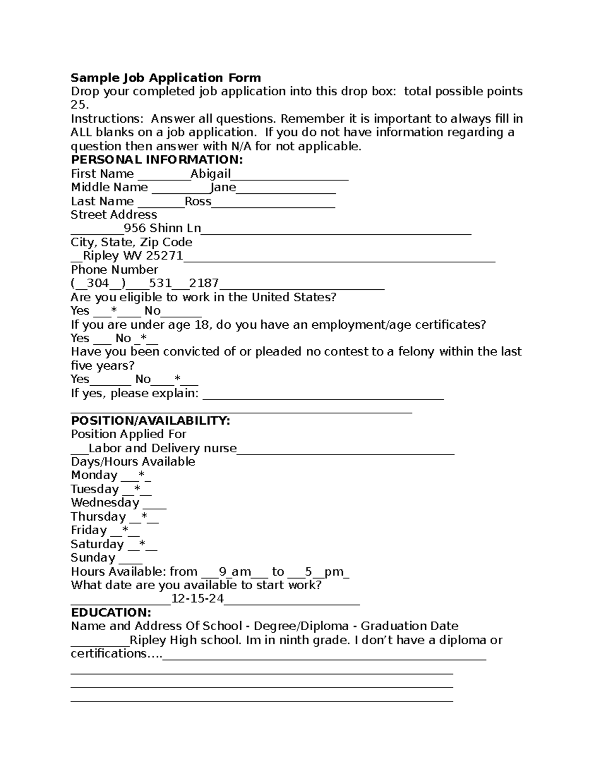Health Assignment: Sample Job Application Form Analysis - Studocu