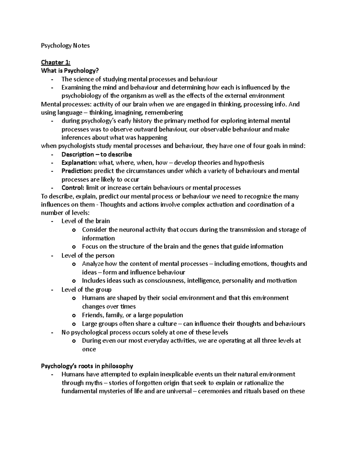 Psychology Notes - Chapter 1-3 - Psychology Notes Chapter 1: What is ...