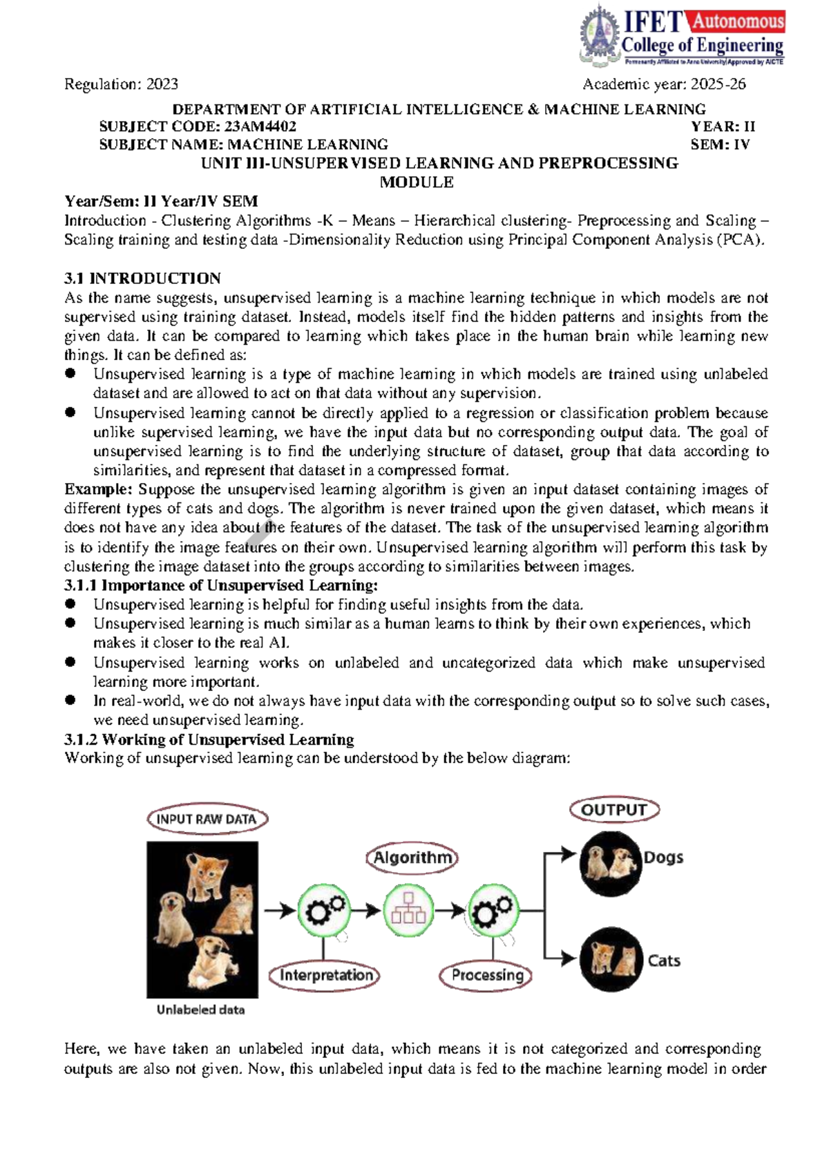 Unsupervised Learning & Preprocessing: AI ML 23AM4402 Module II - Document Preview