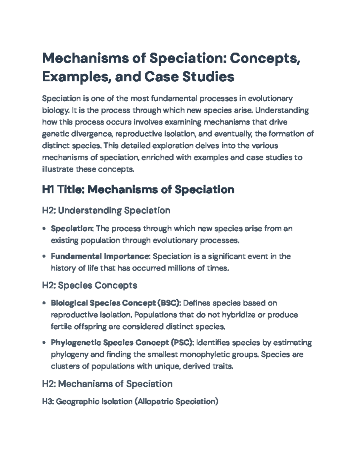 Mechanisms of Speciation: Concepts, Case Studies, and Examples ...
