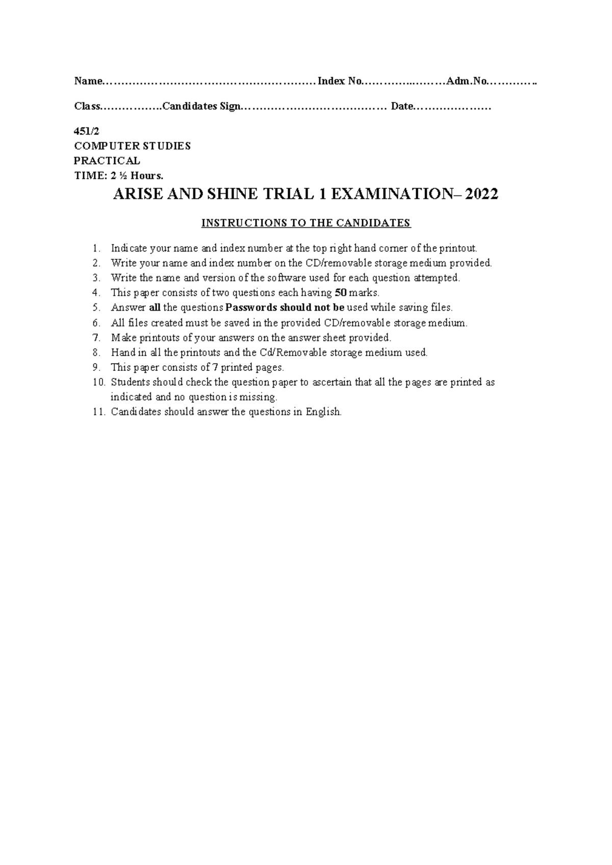 COMPUTER STUDIES P2: ARISE AND SHINE TRIAL 1 2022 Revision Guide - Studocu