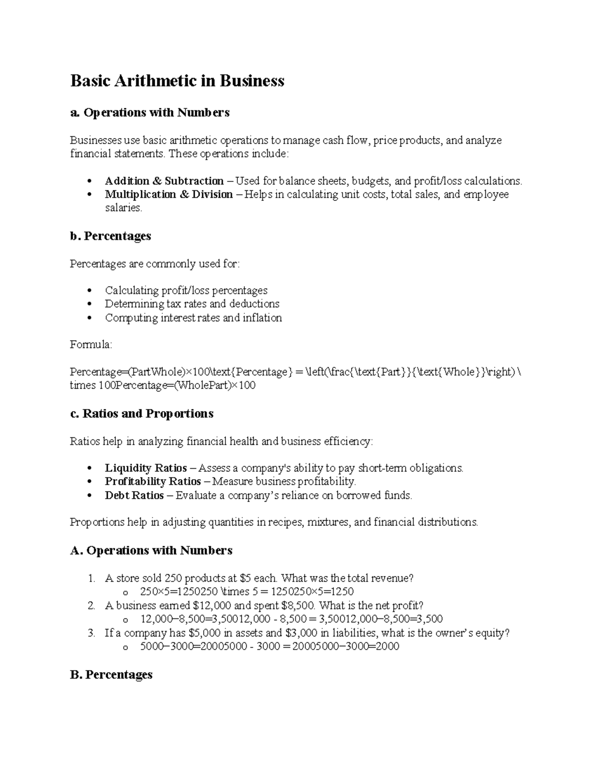Business Arithmetic Fundamentals: Key Operations & Applications - Studocu
