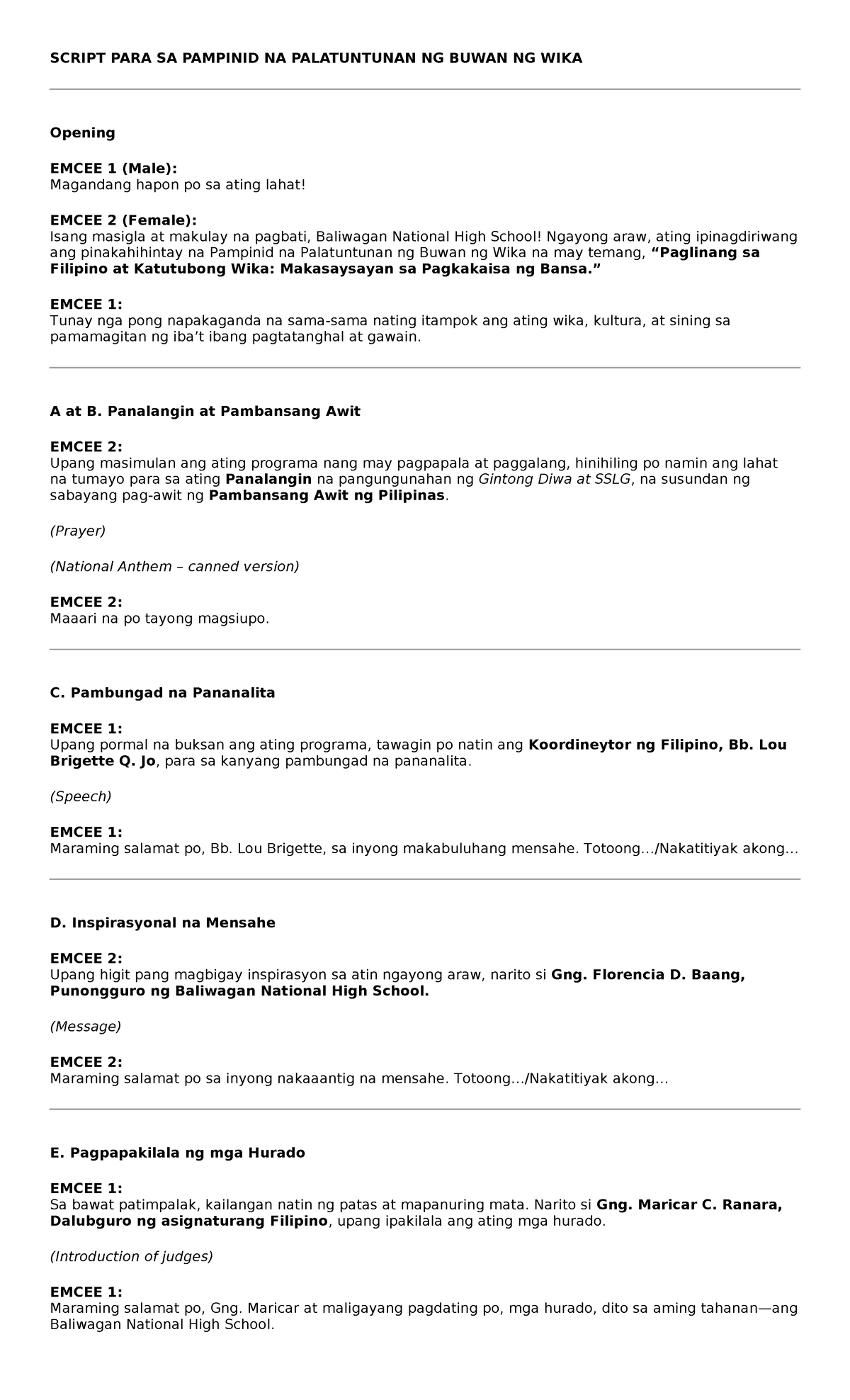 Buwan ng Wika 2025 Culmination Program Script - Studocu