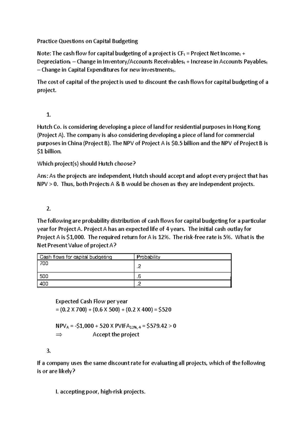 Practice Questions on Capital Budgeting (Final Exam) - Studocu