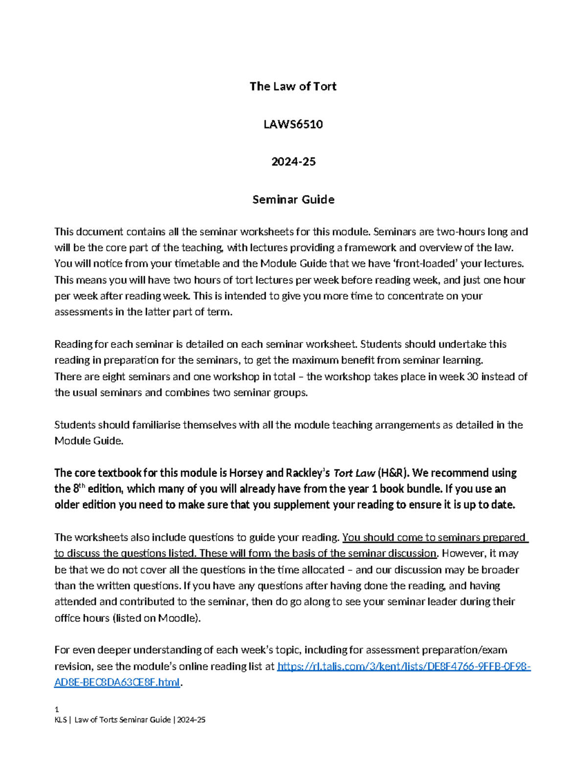 2025 LAWS Tort Law Seminar Guide: Final Exam Preparation - Studocu