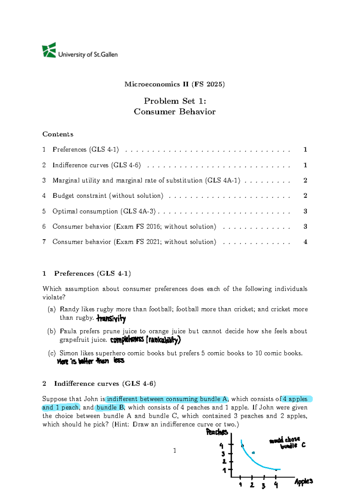 Microeconomics II (FS 2025) Problem Set 1: Consumer Behavior Solutions ...