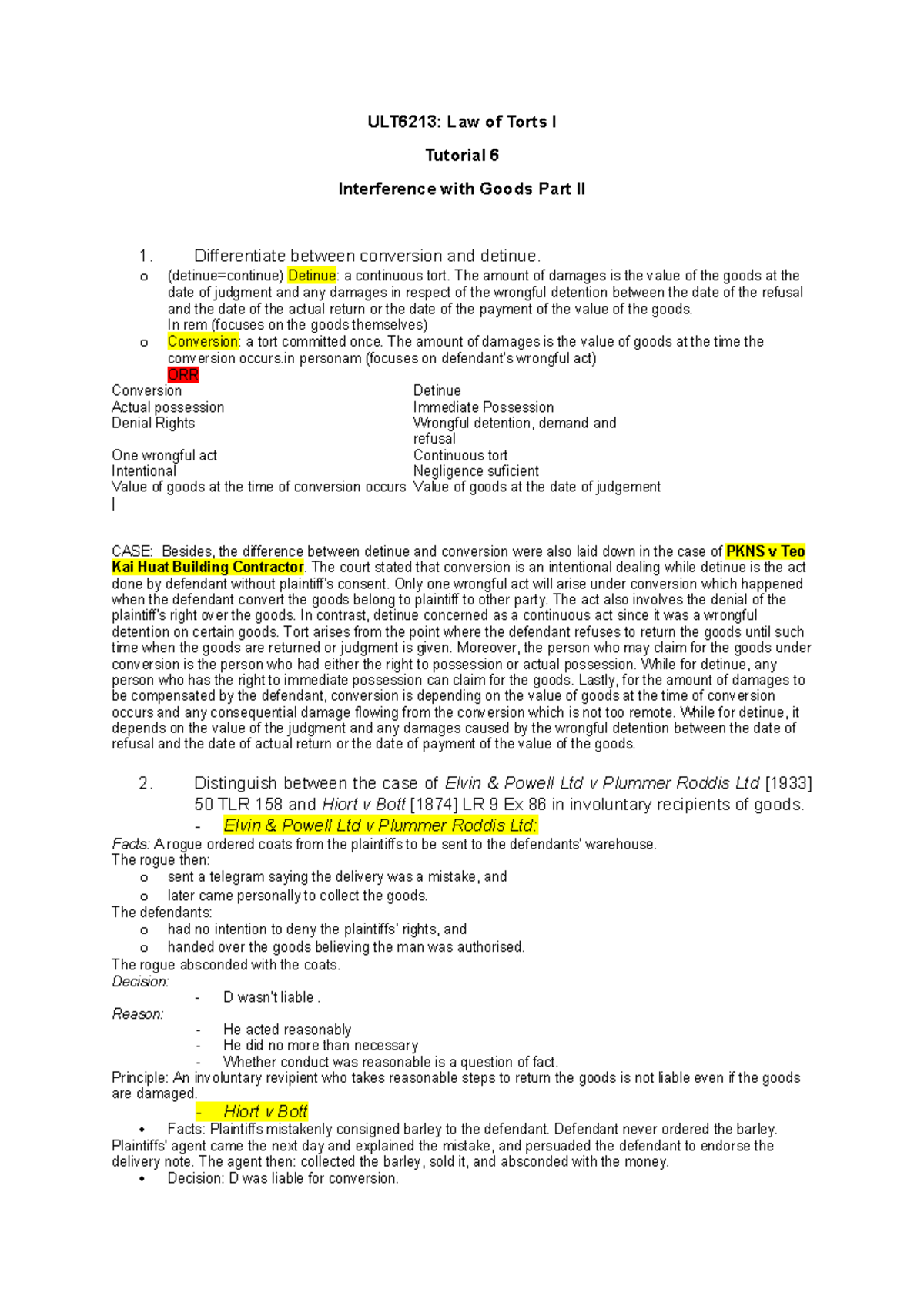 ULT6213: Law of Torts I Tutorial 6 - Conversion vs. Detinue Analysis ...