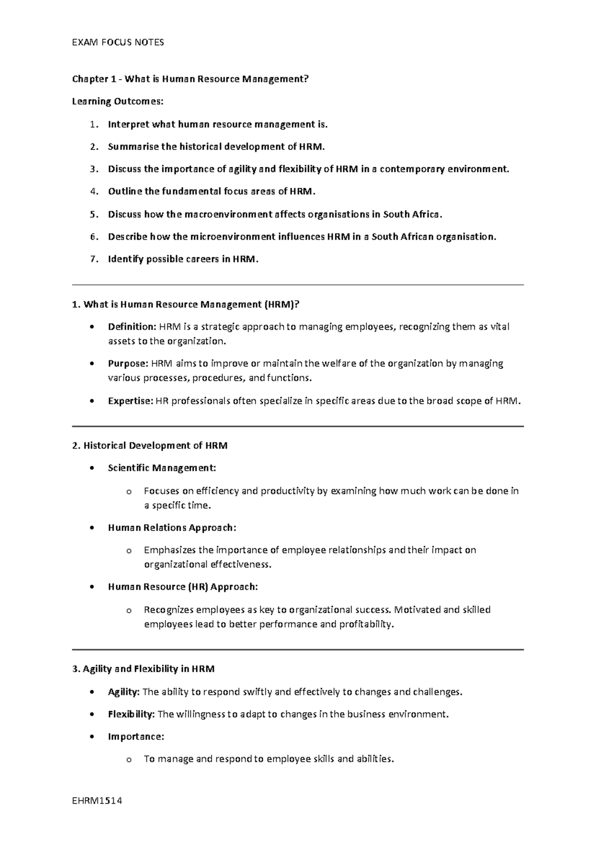 EHRM1514 Exam Focus Notes: Human Resource Management Overview - Studocu