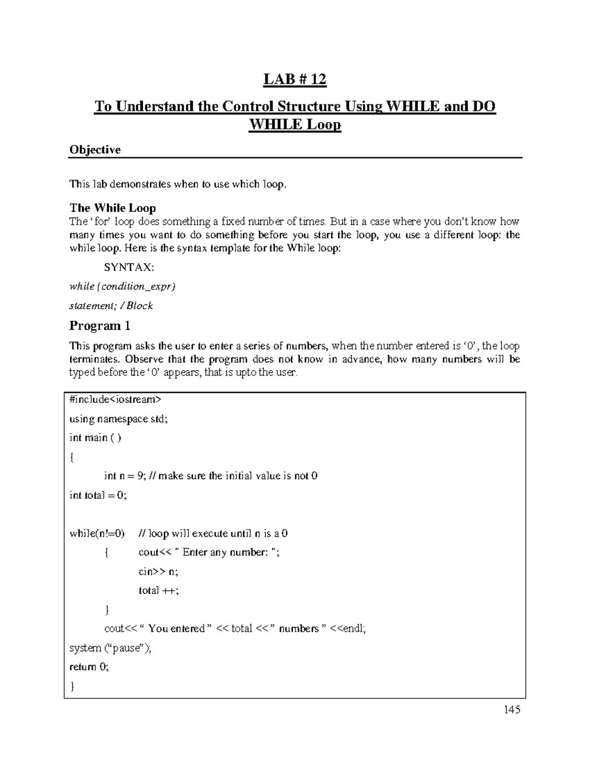ITC LAB - 12 - Understanding WHILE and DO Loop Control Structures - Studocu