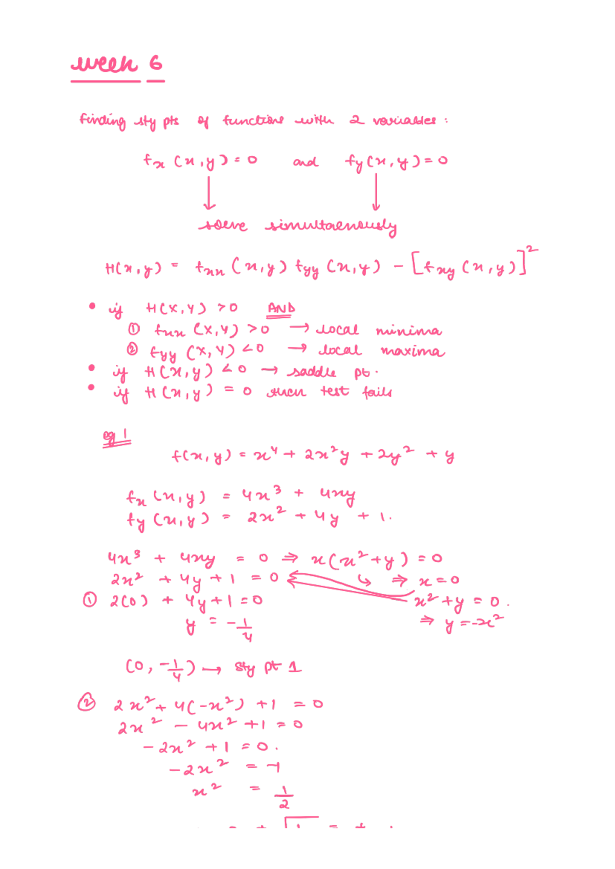 Week 6 notes - week 6 finding sty pts of functions with 2 variables fx ...